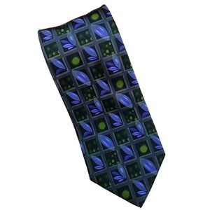 Ermenegildo Zenga Purple Green Gray Squares On Black 100% Silk Mens Tie